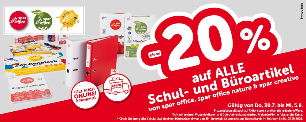 bis zu -20% auf alle Schul- und Büroartikel von spar office, spar office nature & spar creative. Gültig von Do, 30.7. bis Sa, 5.8.