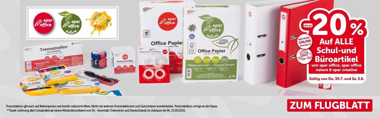 bis zu -20% auf alle Schul- und Büroartikel von spar office, spar office nature & spar creative. Gültig von Do, 30.7. bis Sa, 5.8.