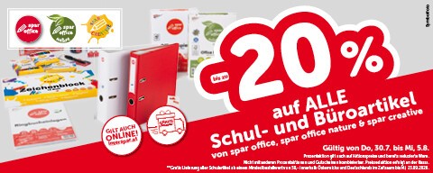 bis zu -20% auf alle Schul- und Büroartikel von spar office, spar office nature & spar creative. Gültig von Do, 30.7. bis Sa, 5.8.