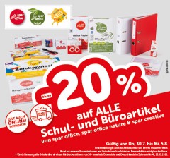 bis zu -20% auf alle Schul- und Büroartikel von spar office, spar office nature & spar creative. Gültig von Do, 30.7. bis Sa, 5.8.