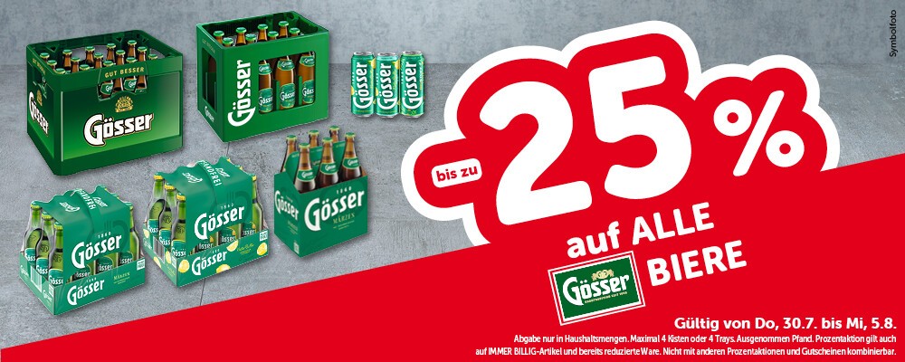bis zu -25% auf alle Biere. Gültig von Do, 30.7. bis Mi, 5.8.