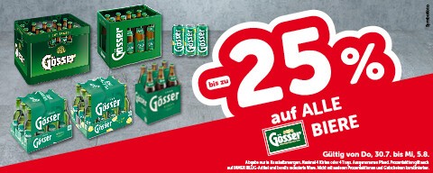 bis zu -25% auf alle Biere. Gültig von Do, 30.7. bis Mi, 5.8.