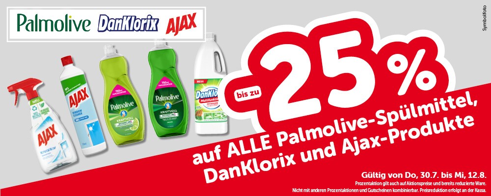 bis zu -25% auf alle Palmolive-Spülmittel, DanKlorix und Ajax-Produkte. Gültig von Do, 30.7. bis Mi, 12.8.