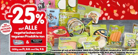 25% auf ALLE vegetarischen und veganen Produkte von SPAR Veggie und Nussyy. Gültig am Fr, 8.8. und Sa, 9.8.