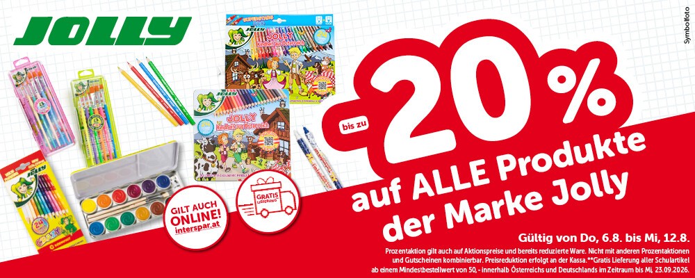 bis zu -20% auf alle Produkte der Marke Jolly. Gültig von Do, 6.8. bis Mi, 12.8.