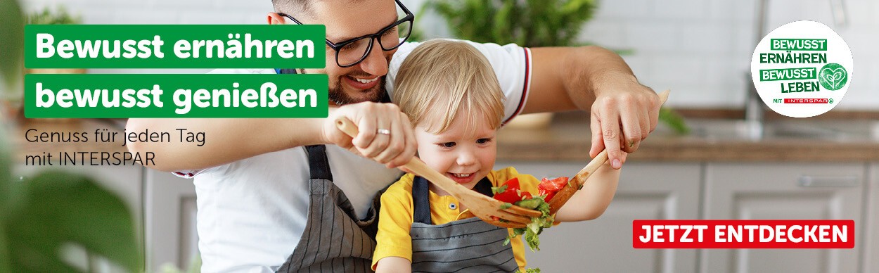 Sujet zum Thema "Bewusst ernähren, bewusst leben" mit der Aufschrift: "Bewusst ernähren bewusst genießen. Genuss für jeden Tag mit INTERSPAR"