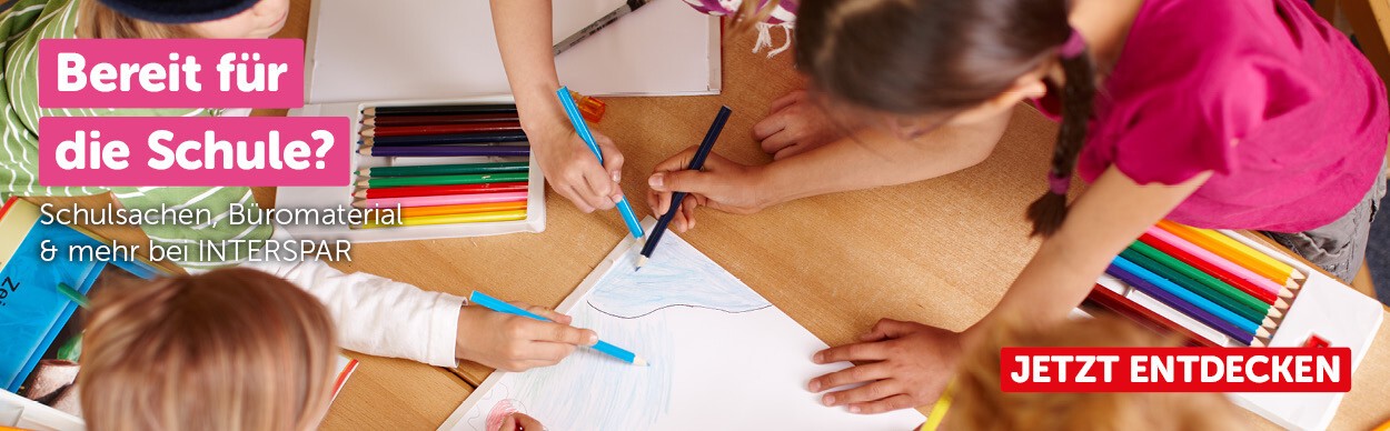 Sujet zur Schule mit der Aufschrift: "Bereit für die Schule? Schulsachen, Büromaterial & mehr bei INTERSPAR"