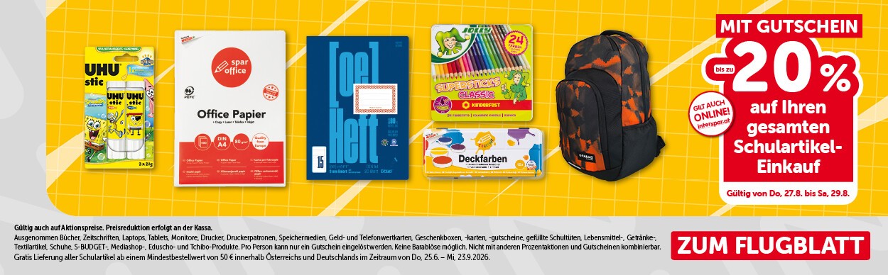 Mit Gutschein bis zu -20% auf Ihren GESAMTEN Schulartikel-Einkauf. Gültig von Do, 27.8. bis Sa, 29.8.