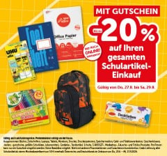 Mit Gutschein bis zu -20% auf Ihren GESAMTEN Schulartikel-Einkauf. Gültig von Do, 27.8. bis Sa, 29.8.