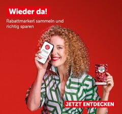 Sujet zu den Rabattmarkerl mit der Aufschrift: "Wieder da! Rabattmarkerl sammeln und richtig sparen"