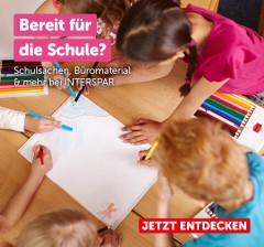 Sujet zur Schule mit der Aufschrift: "Bereit für die Schule? Schulsachen, Büromaterial & mehr bei INTERSPAR"