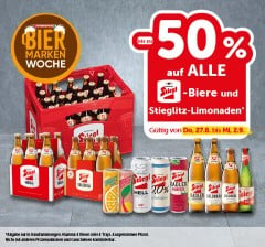 Bis zu -50% auf ALLE Stiegl-Biere und Stieglitz-Limonaden. Gültig von Do, 27.8. bis Mi, 2.9.