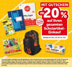 bis zu -20% auf Ihren gesamten Schulartikel-Einkauf. Gültig von Do, 3.9. bis Sa, 5.9.