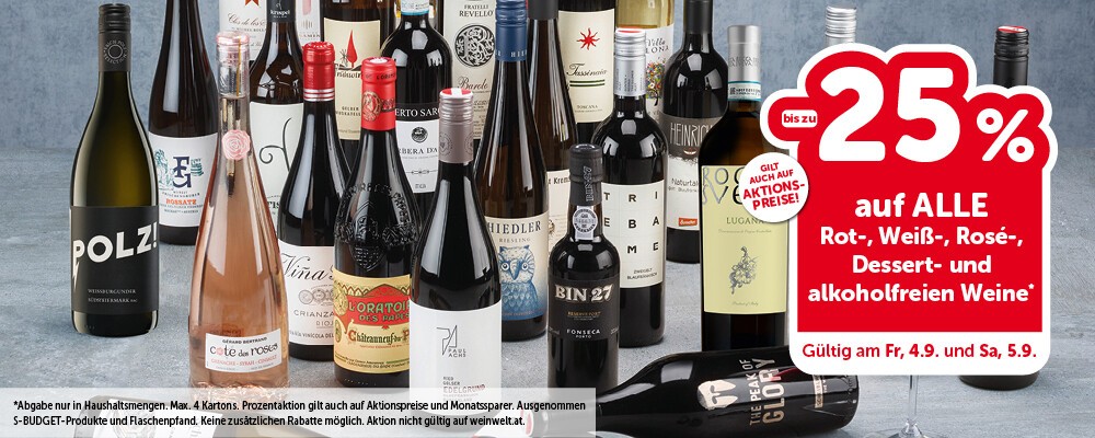 Bis zu 25% auf ALLE Rot-, Weiß-, Rosé-, Dessert- und alkoholfreien Weine