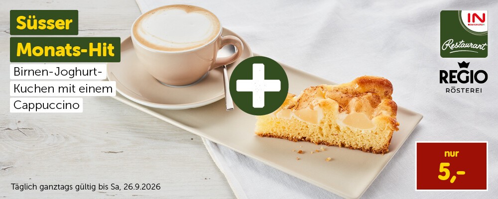 Süsser Monats-Hit: Birnen-Joghurt-Kuchen mit einem Cappuccino nur 5,00 €. Täglich ganztags gültig bis Sa, 26.9.2026