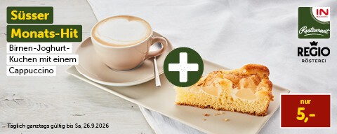 Süsser Monats-Hit: Birnen-Joghurt-Kuchen mit einem Cappuccino nur 5,00 €. Täglich ganztags gültig bis Sa, 26.9.2026