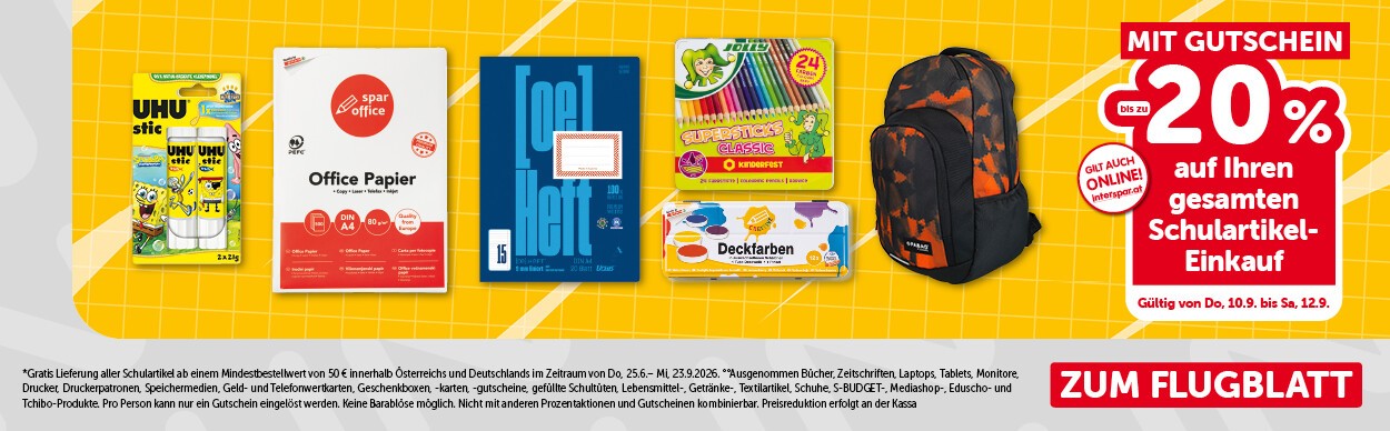 Mit Gutschein bis zu -20% auf Ihren GESAMTEN Schulartikel-Einkauf. Gültig von Do, 10.9. bis Sa, 12.9.