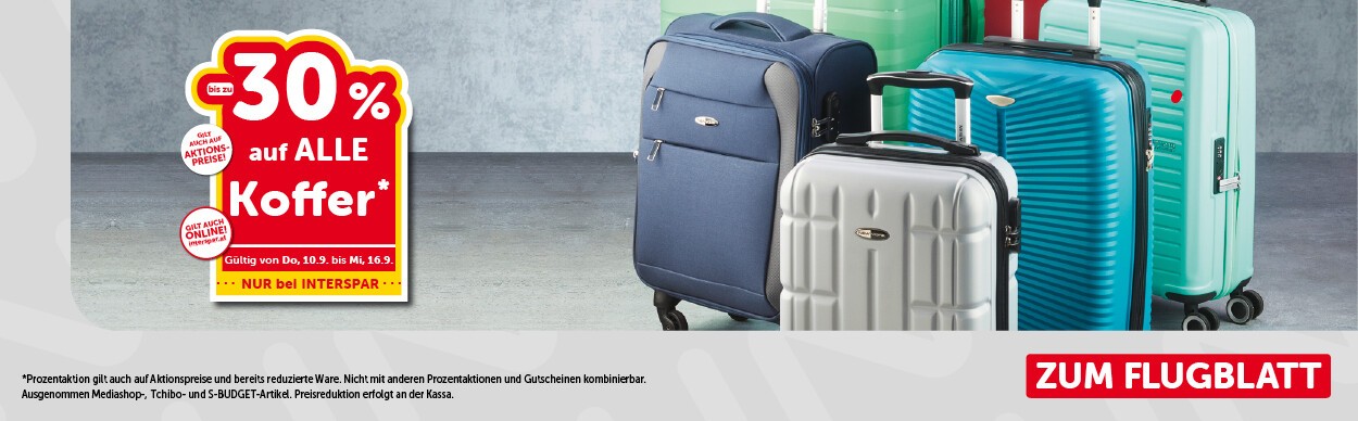 Bis zu -30% auf ALLE Koffer. Gültig von Do, 10.9. bis Mi, 16.9.