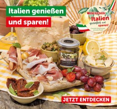 Banner zum Italien-Schwerpunkt mit der Aufschrift "Italien genießen und sparen!"