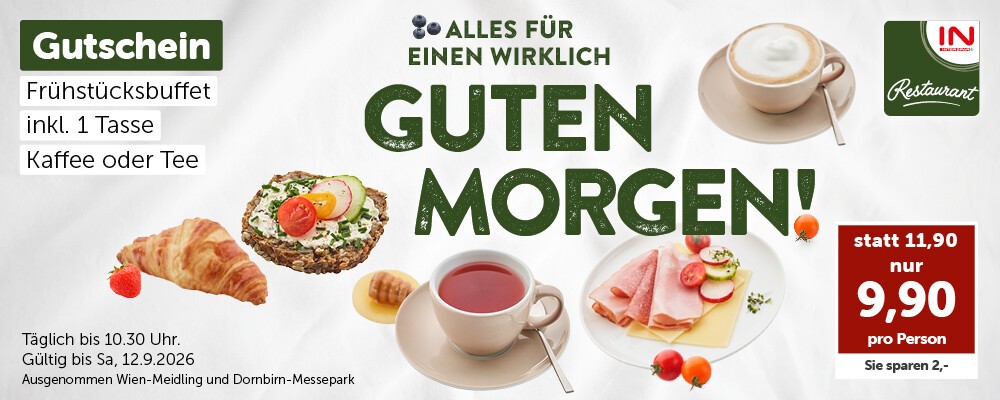 Gutschein: Frühstücksbuffet inkl. 1 Tasse Kaffee oder Tee nur 9,90 €. Täglich bis 10:30 Uhr. Gültig bis Sa, 12.9.