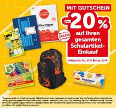 Mit Gutschein bis zu -20% auf Ihren GESAMTEN Schulartikel-Einkauf. Gültig von Do, 17.9. bis Sa, 19.9.