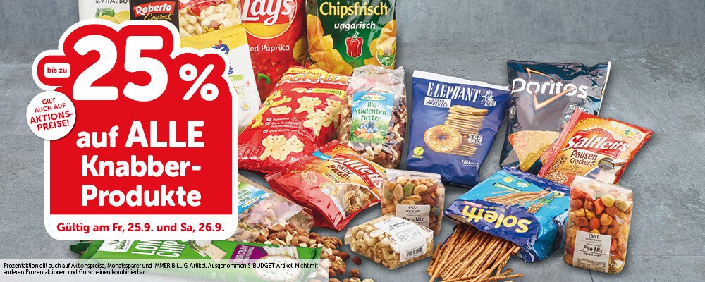 Bis zu -25% auf ALLE Knabberprodukte. Gültig am Fr, 25.9. und Sa, 26.9.