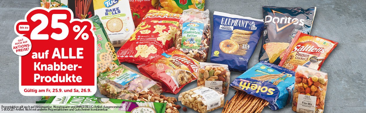 Bis zu -25% auf ALLE Knabberprodukte. Gültig am Fr, 25.9. und Sa, 26.9.