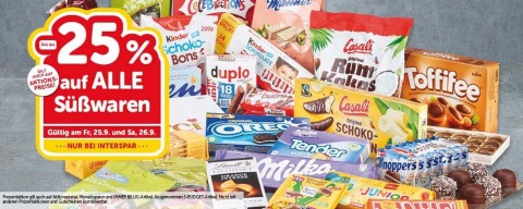 Bis zu -25% auf ALLE Süßwaren. Gültig am Fr, 25.9. und Sa, 26.9.