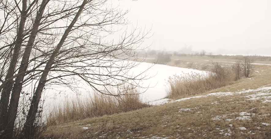 Zwei Personen stehen neben einem Feld im Winter und unterhalten sich