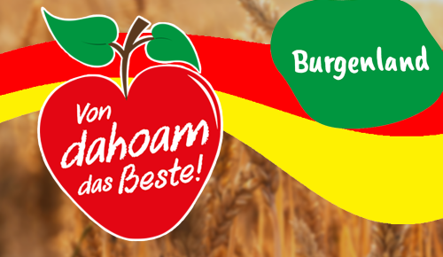 Ein Banner mit dem "Von dahoam das Beste!"-Logo, der Landesflagge des entsprechenden österreichischen Bundeslandes und dem Namen des Bundeslandes