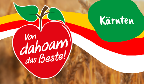 Ein Banner mit dem "Von dahoam das Beste!"-Logo, der Landesflagge des entsprechenden österreichischen Bundeslandes und dem Namen des Bundeslandes