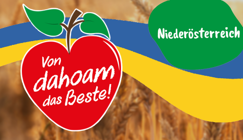Ein Banner mit dem "Von dahoam das Beste!"-Logo, der Landesflagge des entsprechenden österreichischen Bundeslandes und dem Namen des Bundeslandes