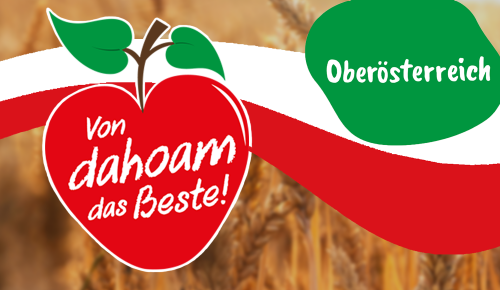 Ein Banner mit dem "Von dahoam das Beste!"-Logo, der Landesflagge des entsprechenden österreichischen Bundeslandes und dem Namen des Bundeslandes