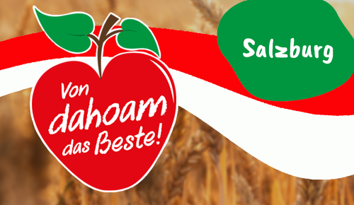 Ein Banner mit dem "Von dahoam das Beste!"-Logo, der Landesflagge des entsprechenden österreichischen Bundeslandes und dem Namen des Bundeslandes