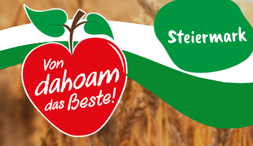 Ein Banner mit dem "Von dahoam das Beste!"-Logo, der Landesflagge des entsprechenden österreichischen Bundeslandes und dem Namen des Bundeslandes