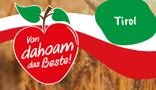 Ein Banner mit dem "Von dahoam das Beste!"-Logo, der Landesflagge des entsprechenden österreichischen Bundeslandes und dem Namen des Bundeslandes