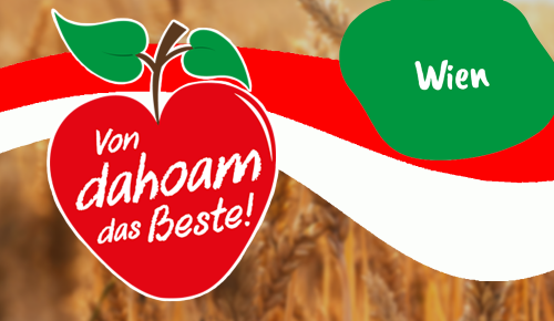 Ein Banner mit dem "Von dahoam das Beste!"-Logo, der Landesflagge des entsprechenden österreichischen Bundeslandes und dem Namen des Bundeslandes