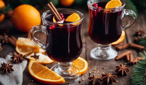 Zwei Gläsermit Glühwein, dekoriert mit Orangenscheiben und Zimtstangen