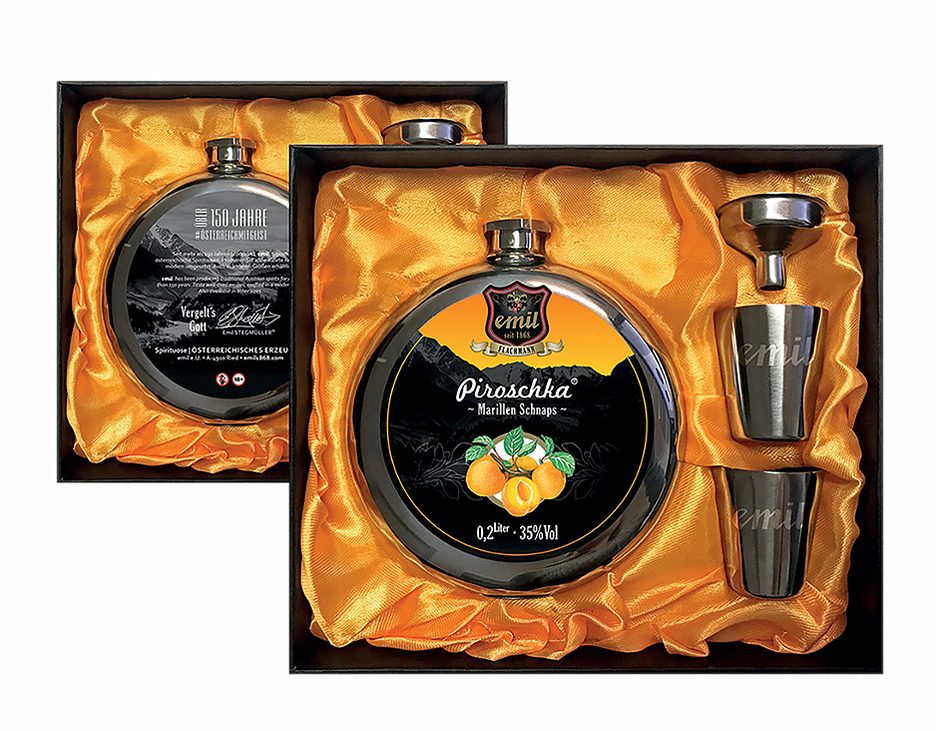 Emil 1868 Piroschka® Marillen Schnaps Flachmann Set 200 ML