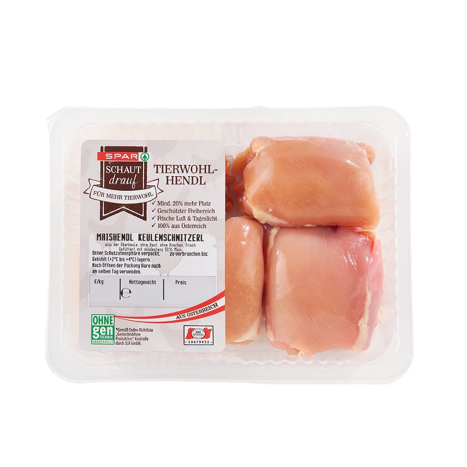 SPAR Feinstes Geflügel schaut drauf Maishendl Keulenschnitzerl AMA Hendl Oberkeulenschnitz. 350 G