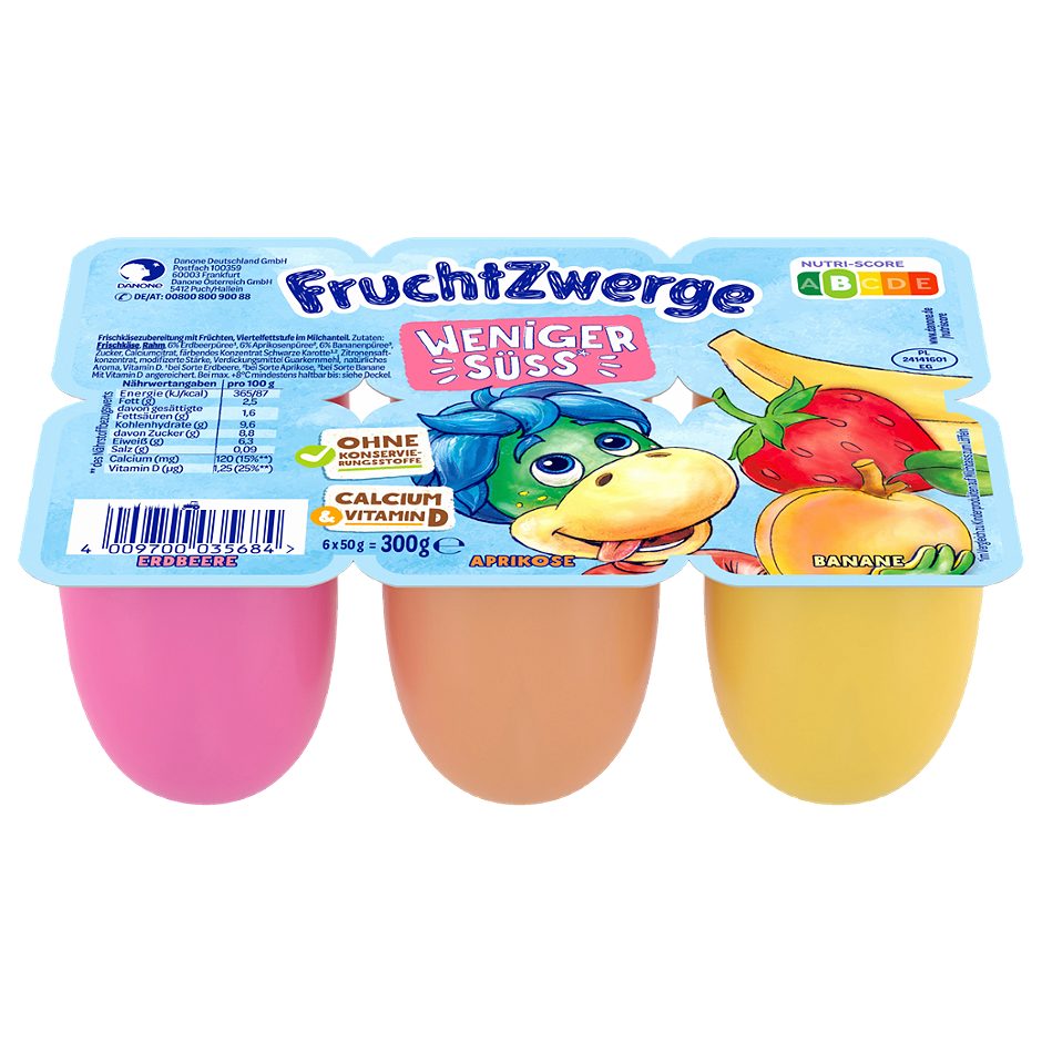 Danone Fruchtzwerge Erdbeere, Aprikose, Banane weniger süß 6x50g 300 G