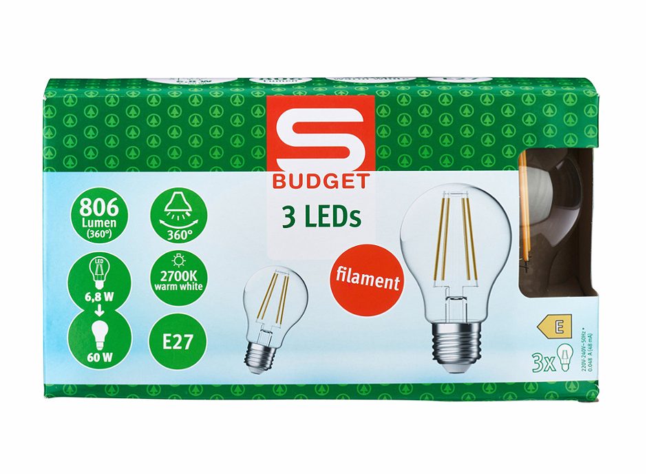S-BUDGET LED Birne E27 60W klar 3 Stück