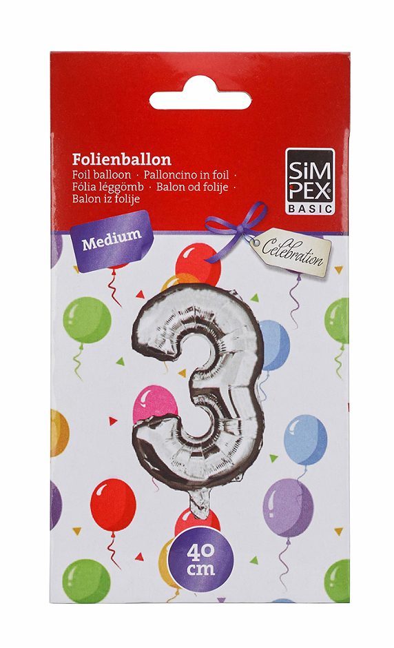 SIMPEX BASIC Celebration Folienballon "3" silber 40 cm