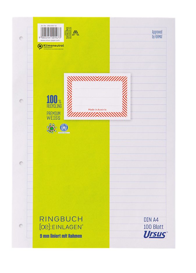 Ursus OE Ringbucheinlagen A4 liniert, 9mm, 100 Blatt