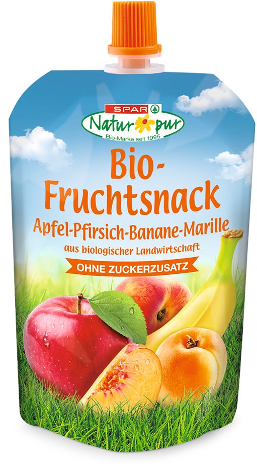 SPAR Natur*pur Bio-Fruchtsnack Apfel-Pfirsich-Banane-Marille 100 G