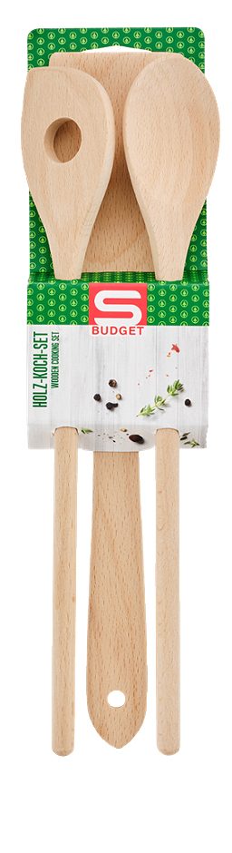 S-BUDGET Holz-Koch-Set 3 tlg Kochlöffel, Kochlöffel m. Loch Pfannenwender
