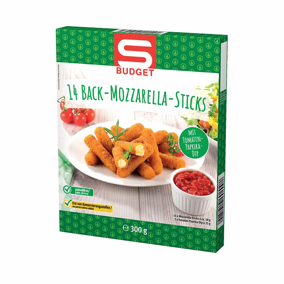 S-BUDGET Back Mozzarella Sticks mit Tomaten-Paprika-Dip 14 Stück à ca. 18g 300 G
