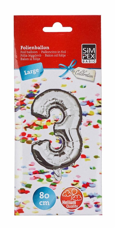 SIMPEX BASIC Celebration Folienballon "3" silber 80 cm