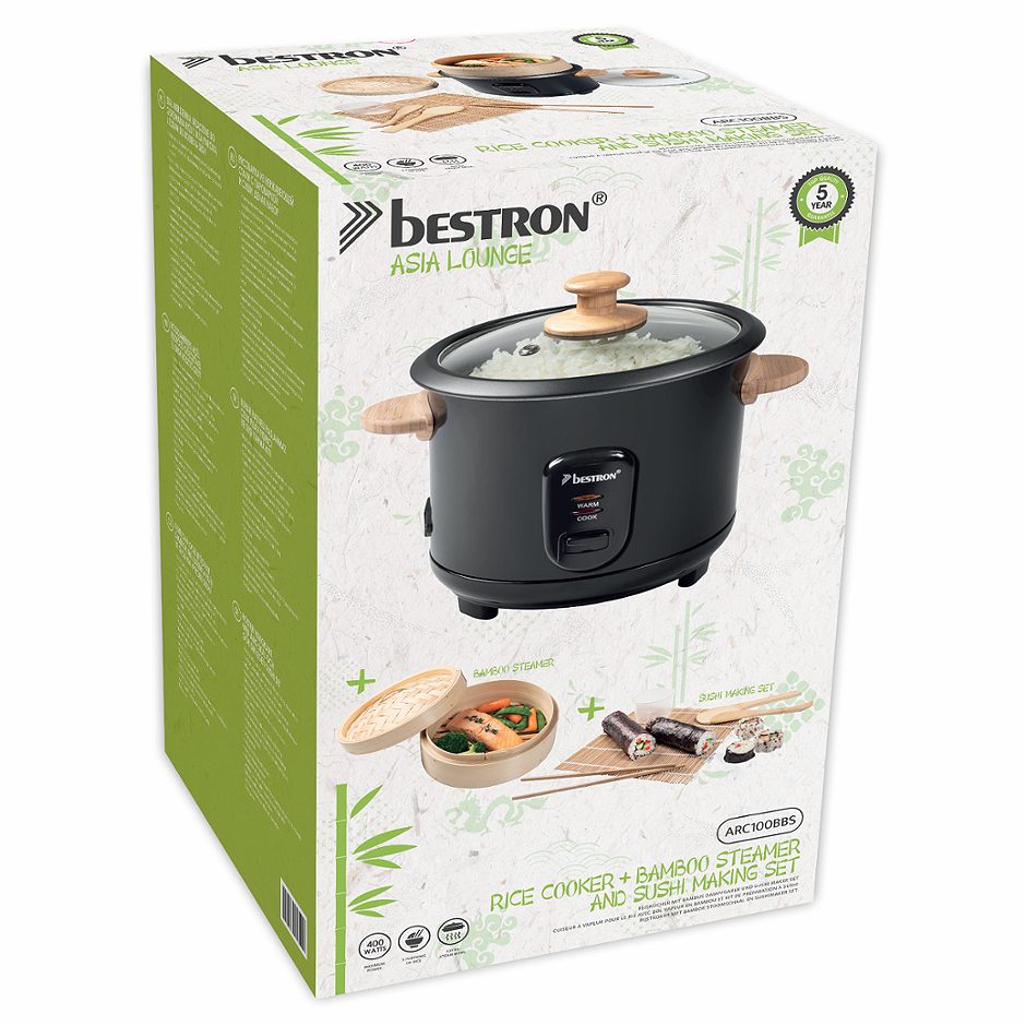 Bestron Reiskocher mit Bambus- Garraufsatz & Sushi Set