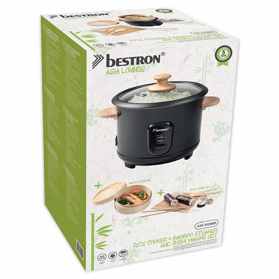 Bestron Reiskocher mit Bambus- Garraufsatz & Sushi Set